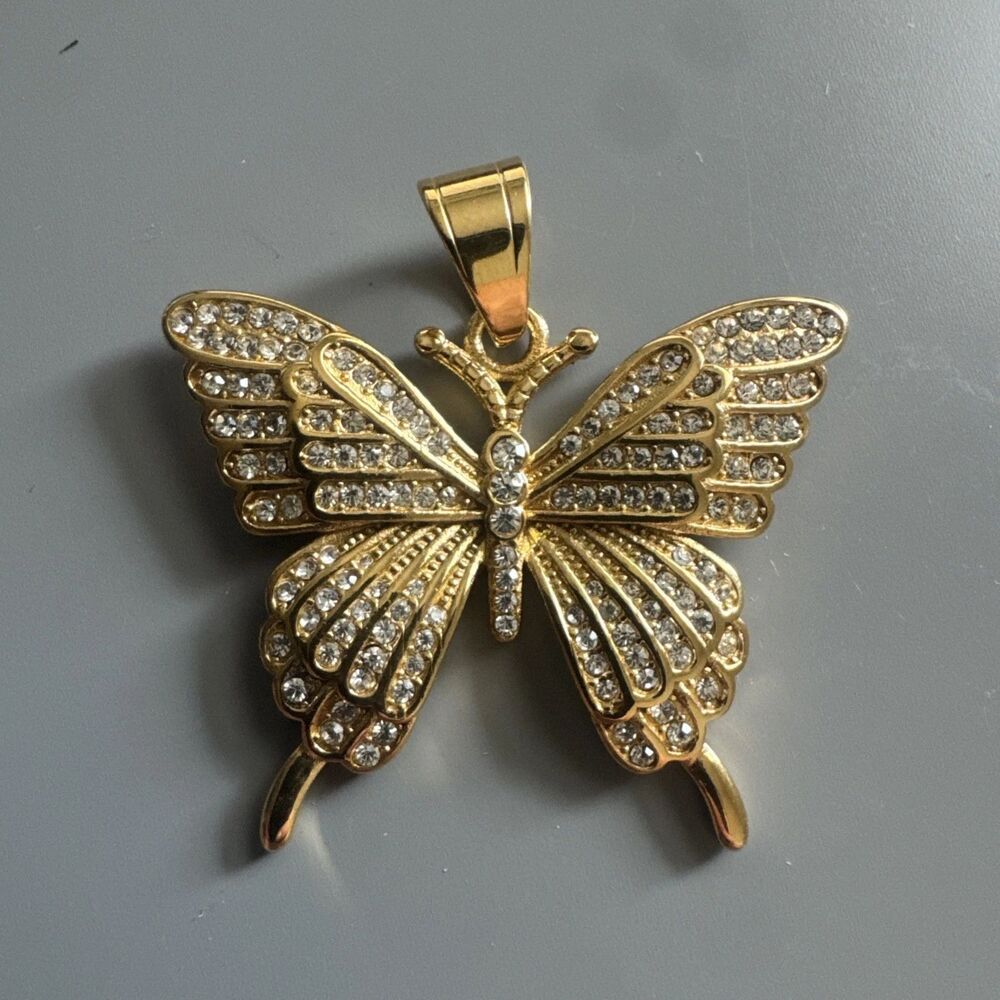 Butterfly Gold Tone Pendant Necklace Stainless Steel Gift Her Cubic Zirconia Fly